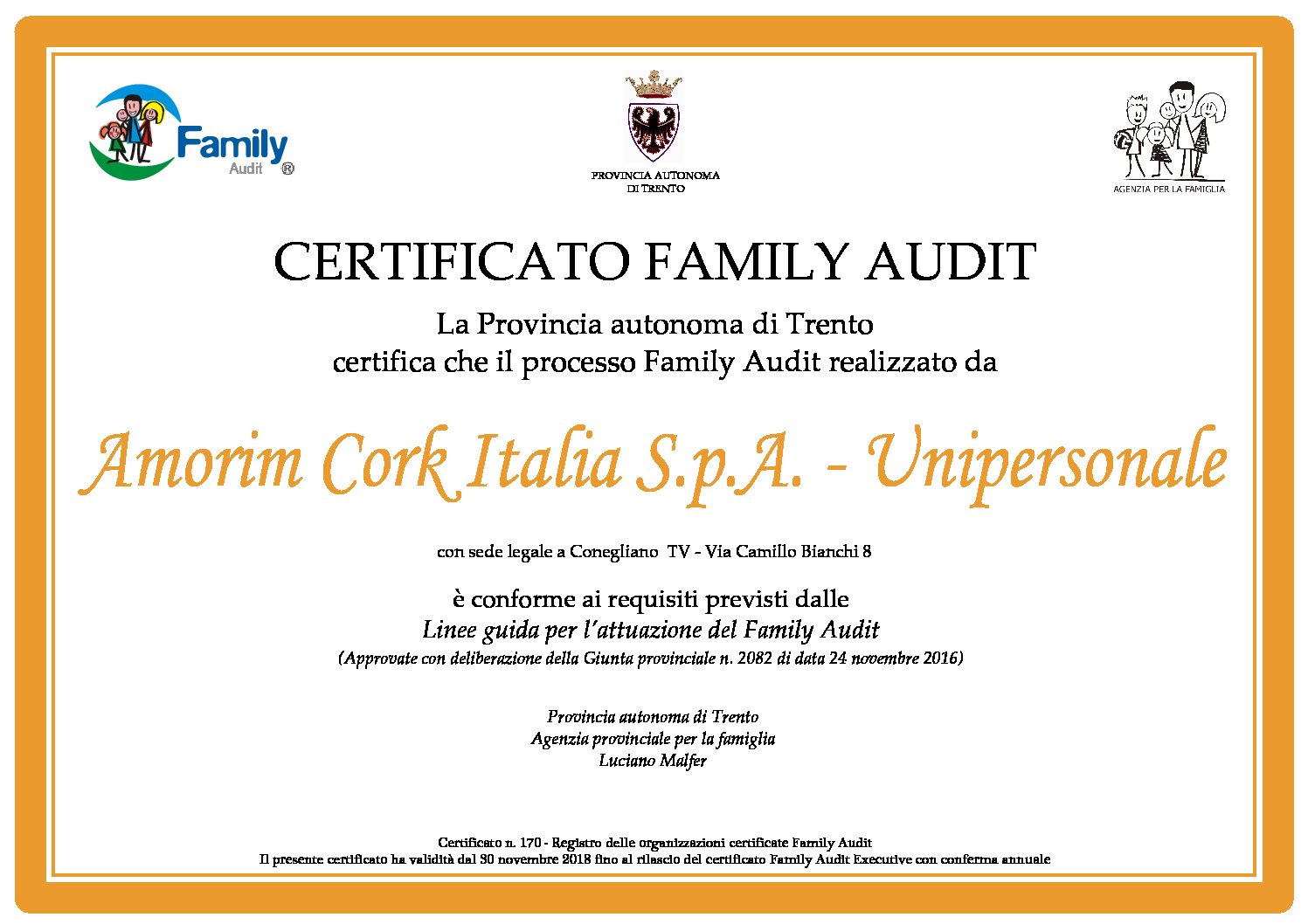 Amorim Cork ottiene la certificazione Family Audit